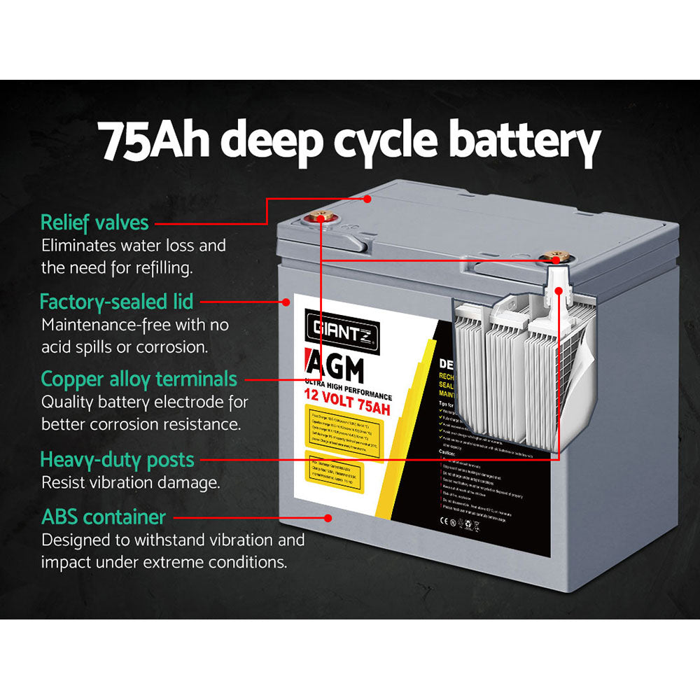 Giantz AGM Deep Cycle Battery 12V 75Ah x2 Box Portable Solar