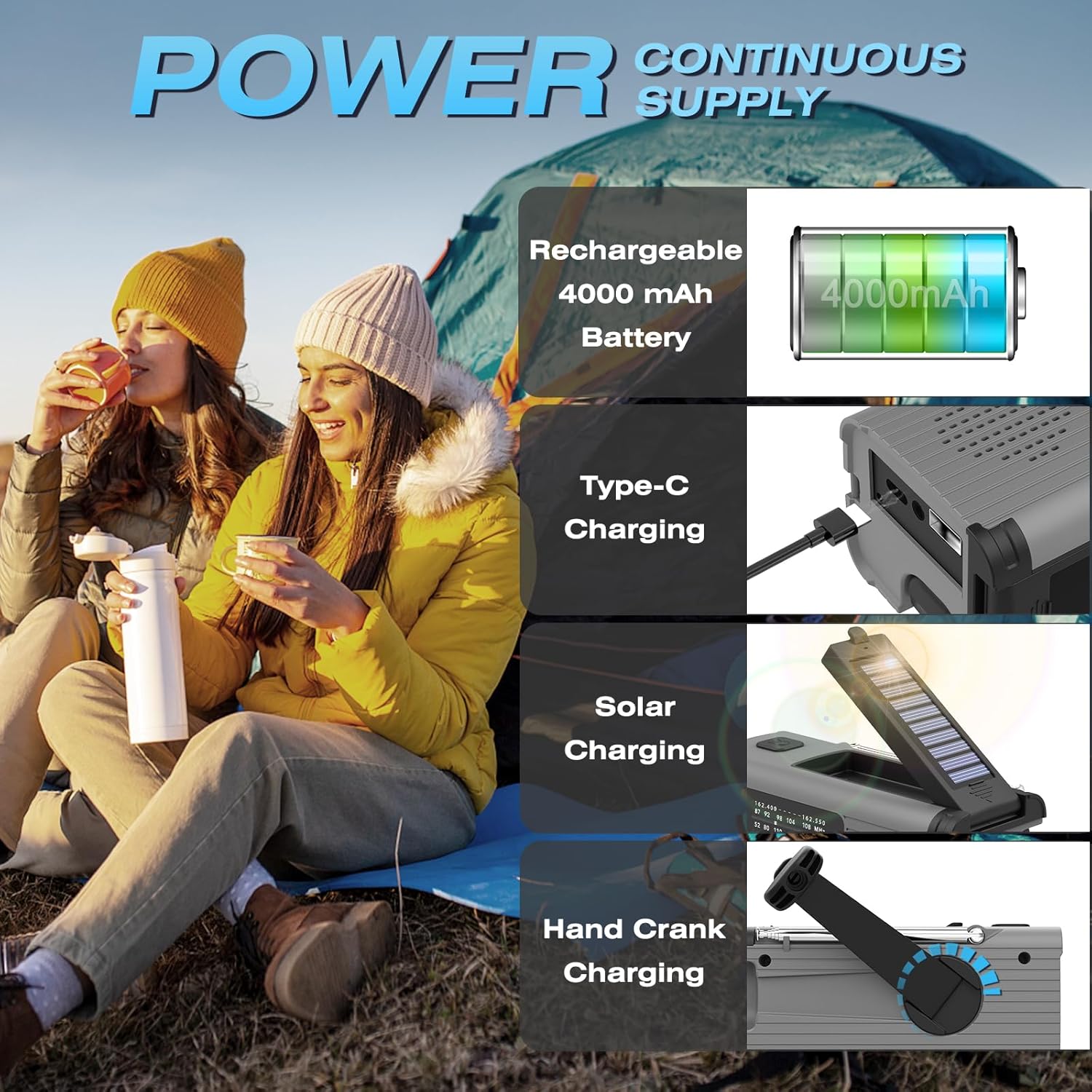 Solar & Hand Crank Portable Radio with 4000mAh Rechargeable Battery