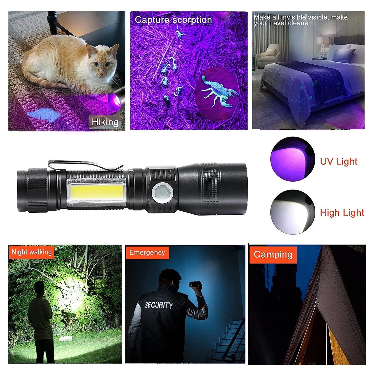 7 Mode Waterproof Rechargeable UV Light Flashlight Torch