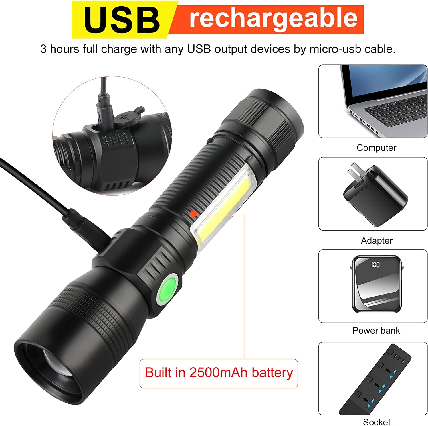 7 Mode Waterproof Rechargeable UV Light Flashlight Torch