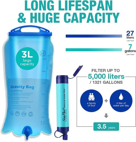 Survival Portable Water Purifier Filter Straw Gravity Water Filtration System 3L