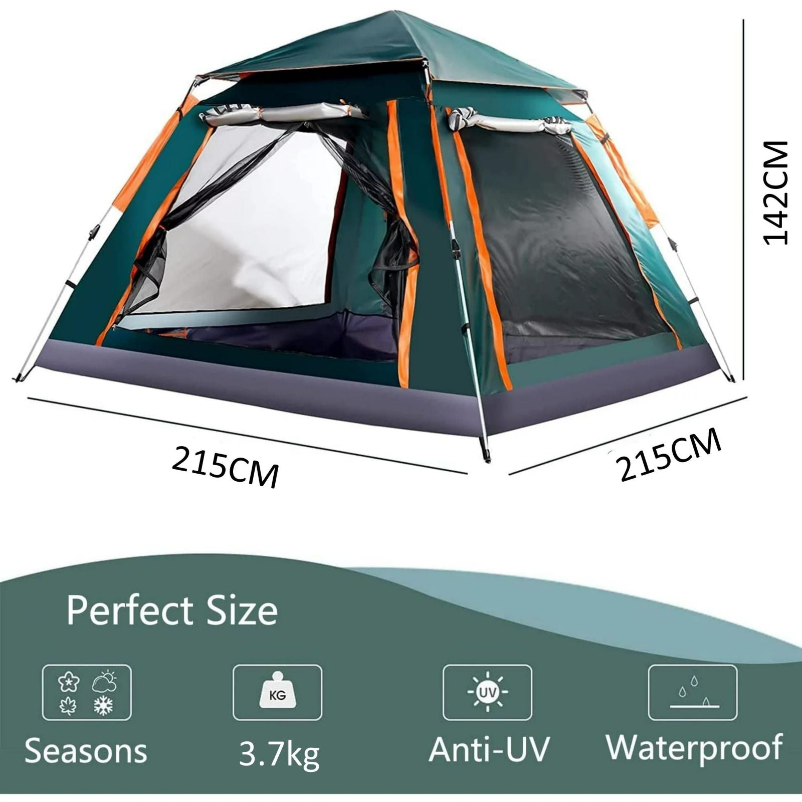 Instant Pop Up Tent 2/3/4 Person Camping Tent, Waterproof Windproof - Green/Orange