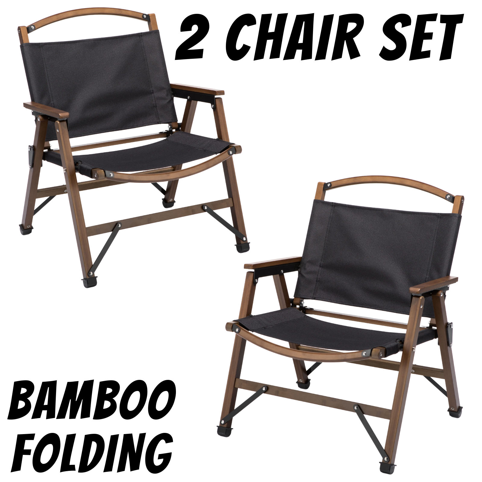 2x Bamboo Canvas Foldable Outdoor Camping Chairs - Black