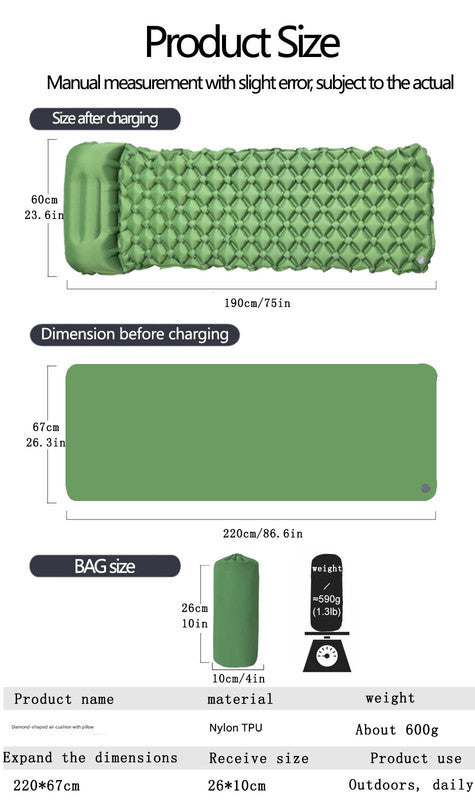 2pc Ultralight Inflatable Camping Sleeping Mat with Integrated Pillow - Waterproof 40D Nylon TPU(Camouflage)