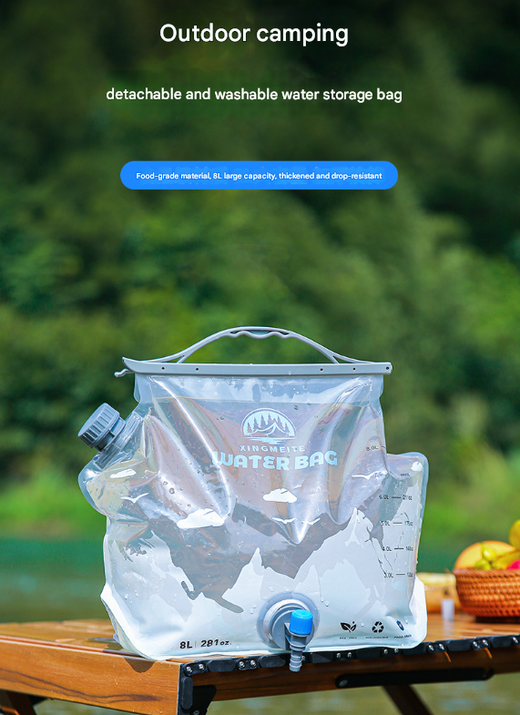 1 Piece Grey 8L Foldable Water Bag - Large Capacity Portable Water Carrier with Spigot for Camping & Outdoors
