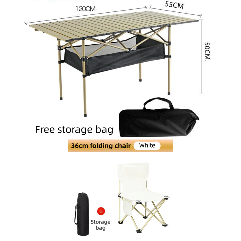120CM Khaki Portable Folding Egg Roll Camping Table + 4-Pack 36CM Chairs with Storage Bag & Mesh Net