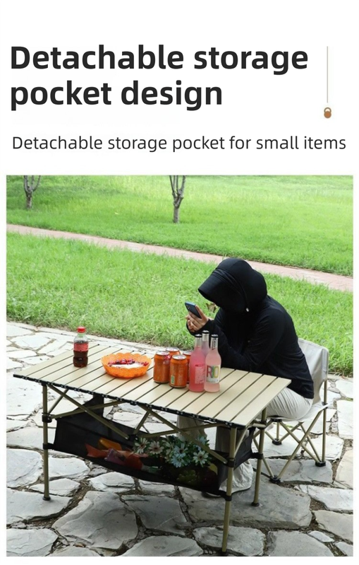 120CM Khaki Portable Folding Egg Roll Camping Table + 4-Pack 36CM Chairs with Storage Bag & Mesh Net