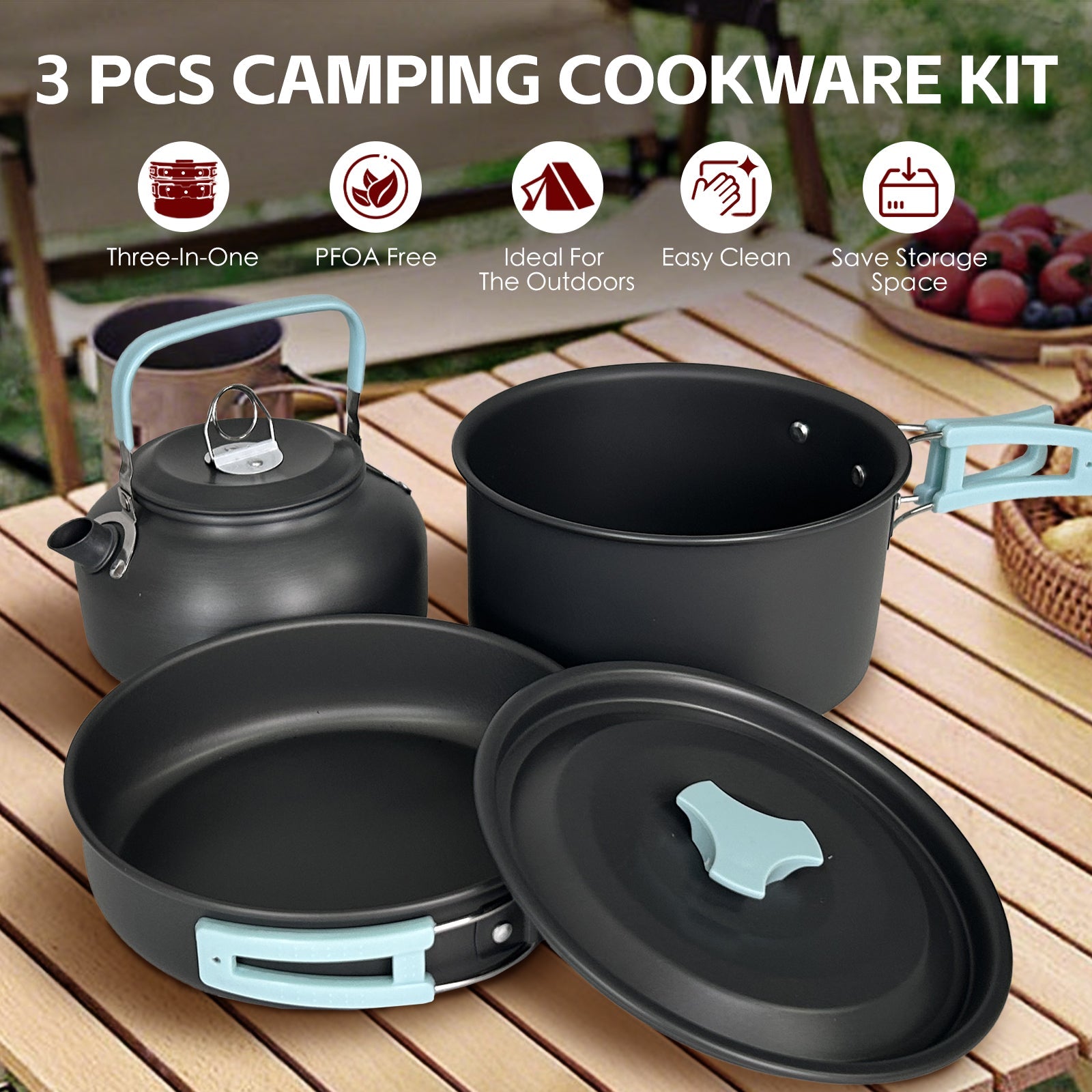 3Pcs Camping Cooking Set – Lightweight Anodised Aluminium Outdoor Cookware Kit with Heat-Resistant Handles
