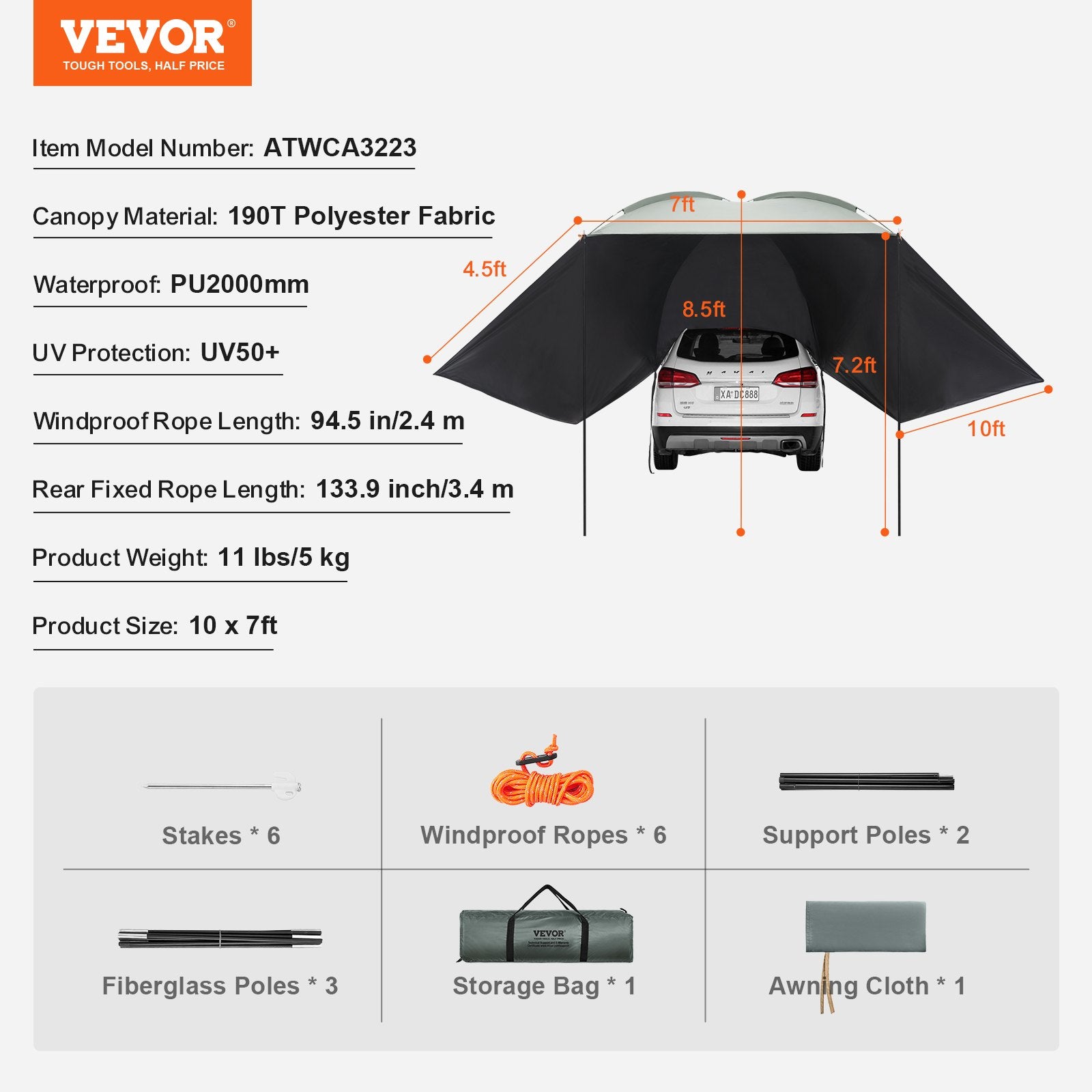 VEVOR Vehicle Awning, Large 10' x 7' Shade Coverage Car Side Awning, PU2000mm UV50 + Car Awning