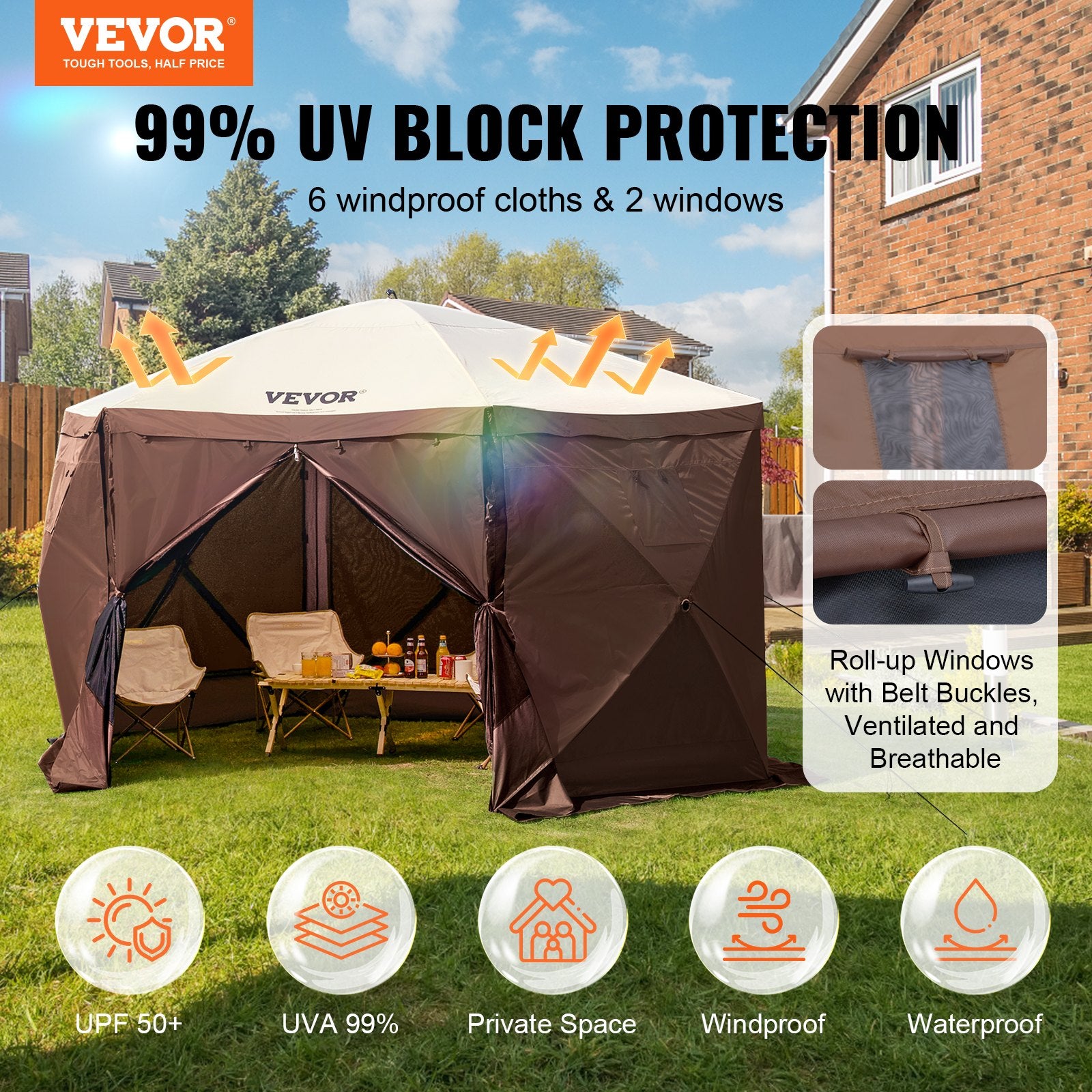 Pop-Up Screen Tent 6 Sided Canopy Sun Shelter - Brown