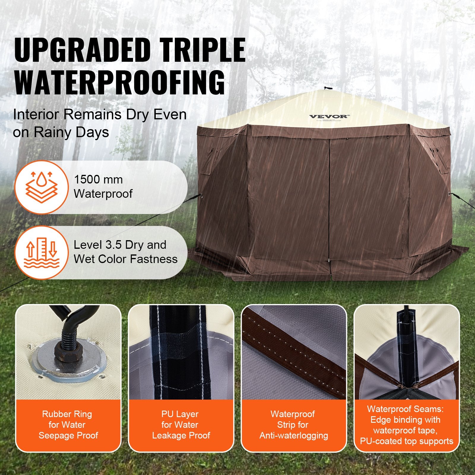 Pop-Up Screen Tent 6 Sided Canopy Sun Shelter - Brown
