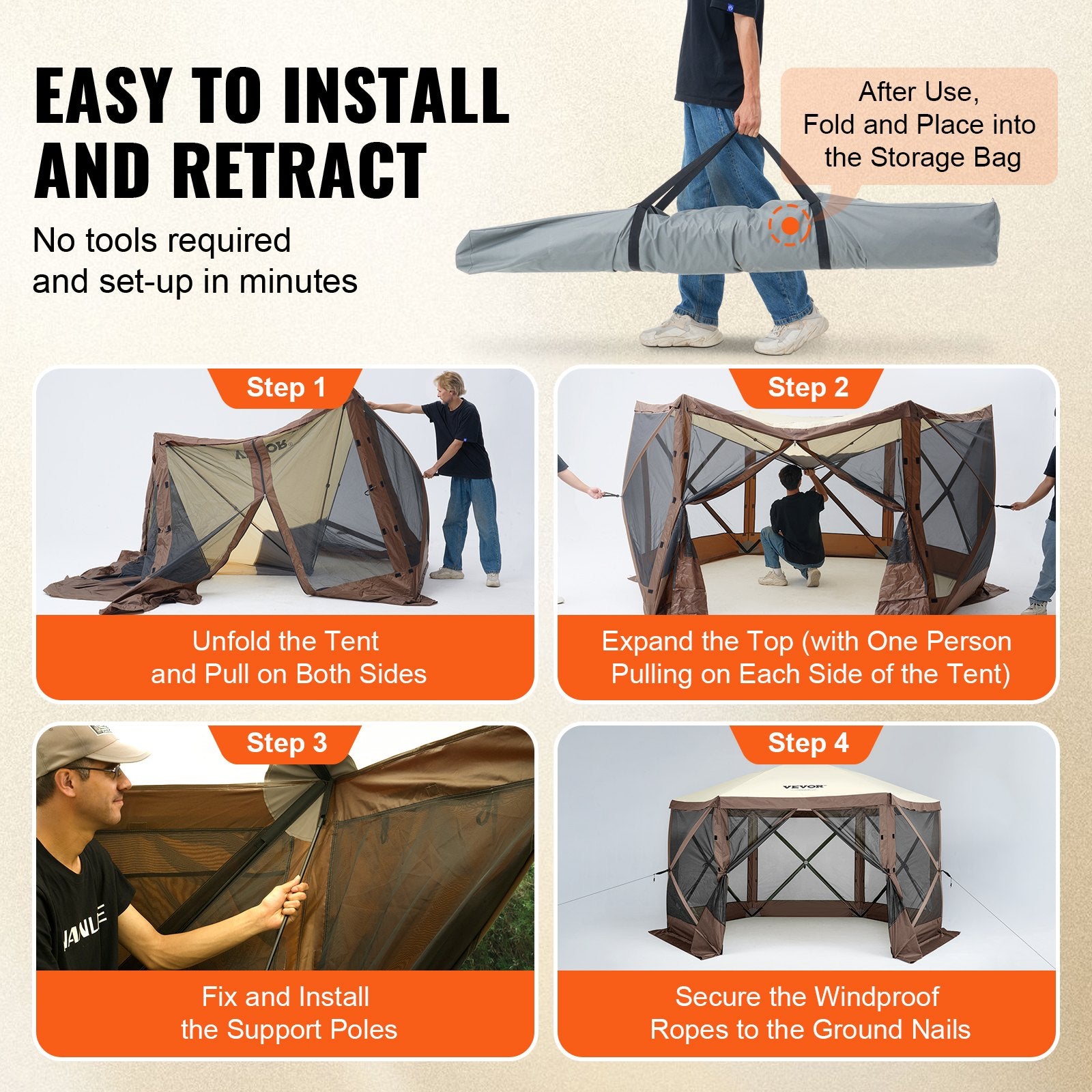 Pop-Up Screen Tent 6 Sided Canopy Sun Shelter - Brown
