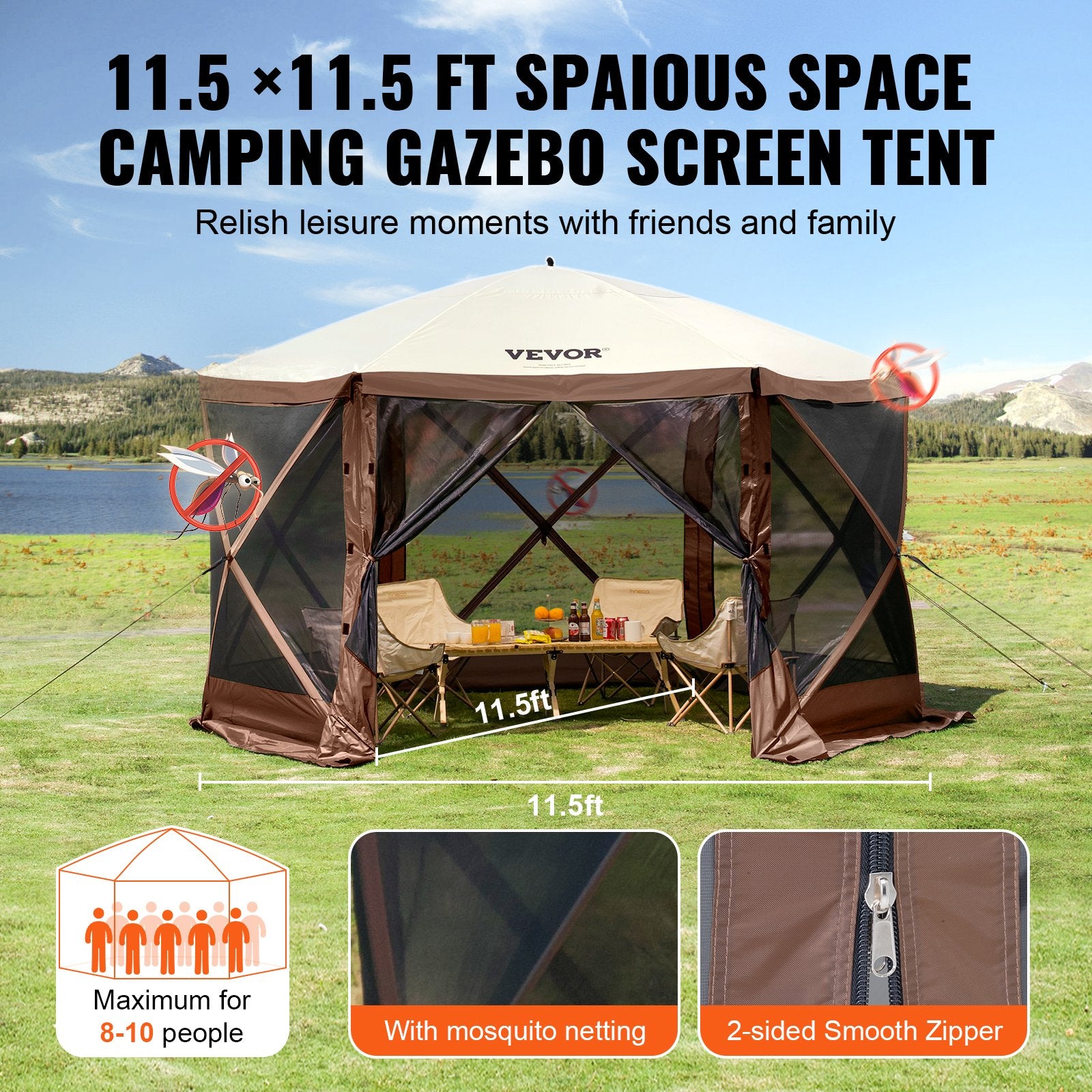 Pop-Up Screen Tent 6 Sided Canopy Sun Shelter - Brown