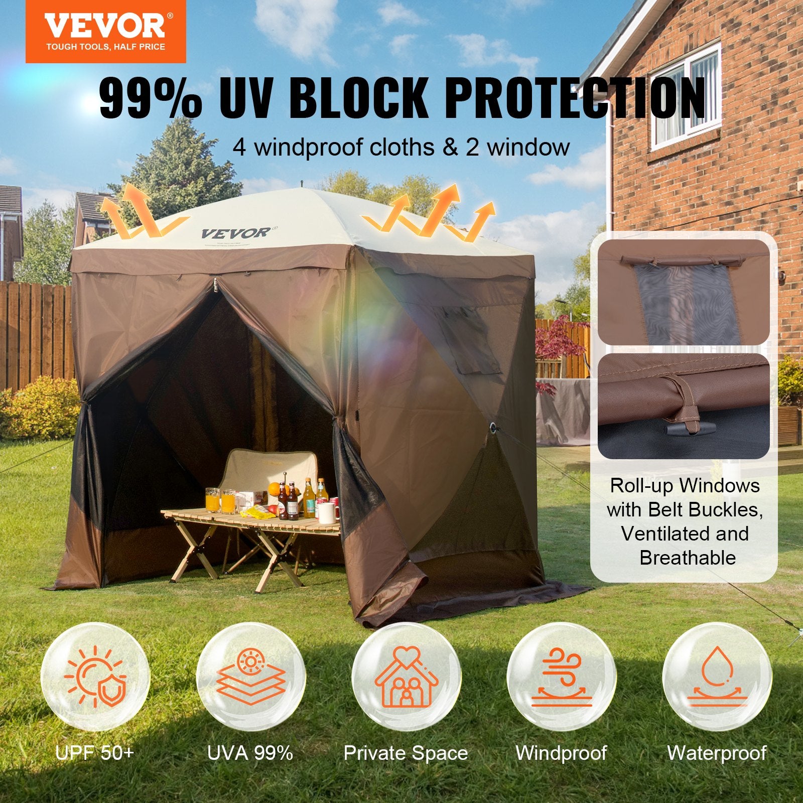Pop-Up Screen Tent 4 Sided Canopy Sun Shelter - Brown
