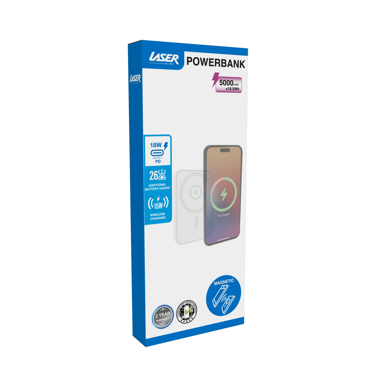 Laser 5000mAh Magnetic Wireless Power Bank White