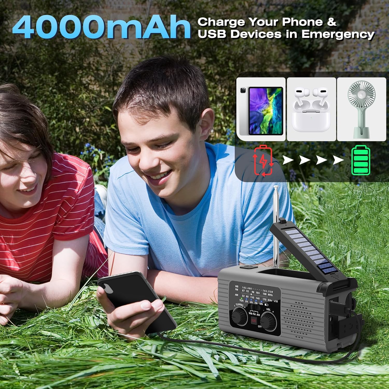 Solar & Hand Crank Portable Radio with 4000mAh Rechargeable Battery