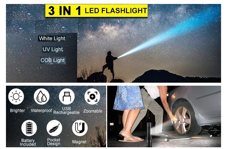 7 Mode Waterproof Rechargeable UV Light Flashlight Torch