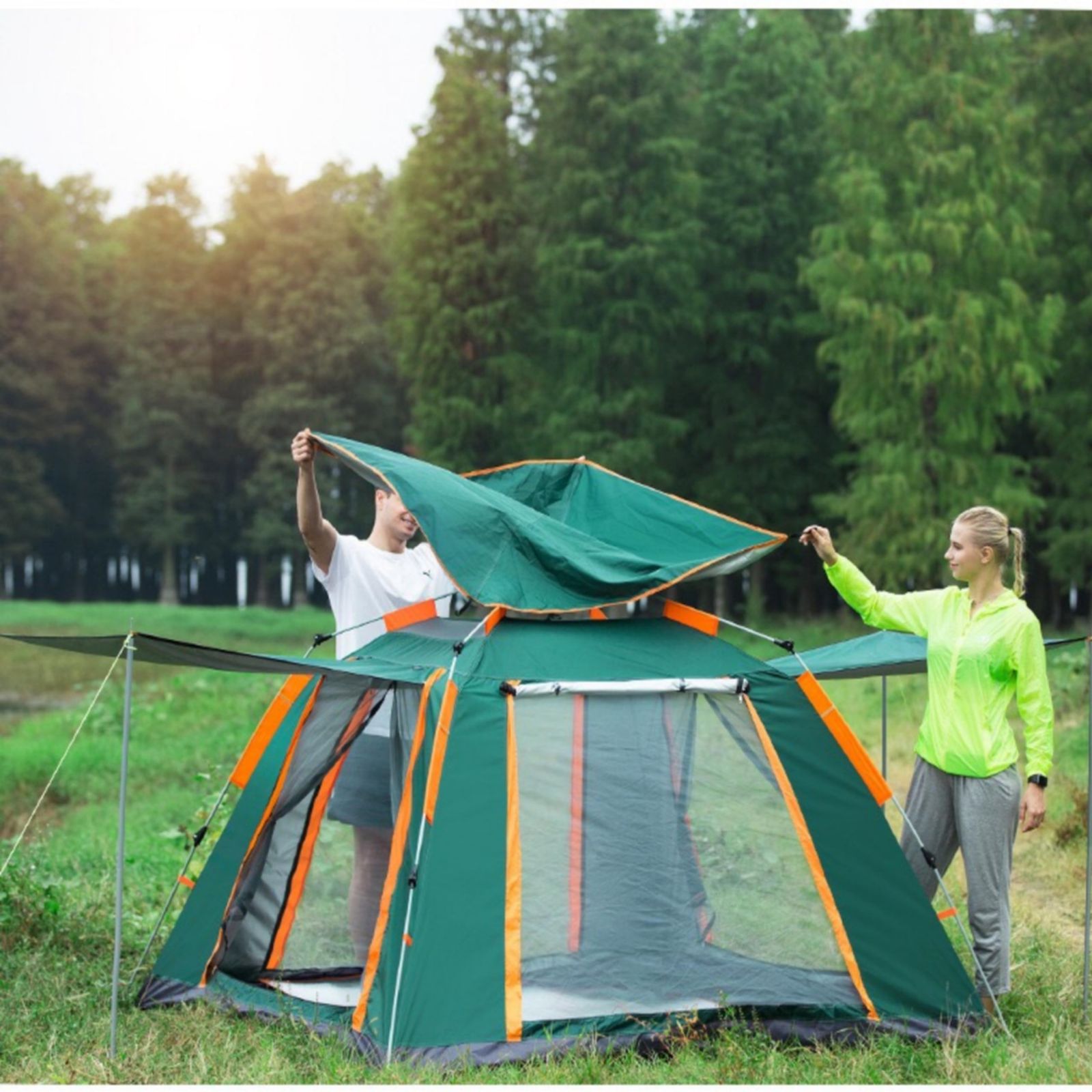 Instant Pop Up Tent 2/3/4 Person Camping Tent, Waterproof Windproof - Green/Orange
