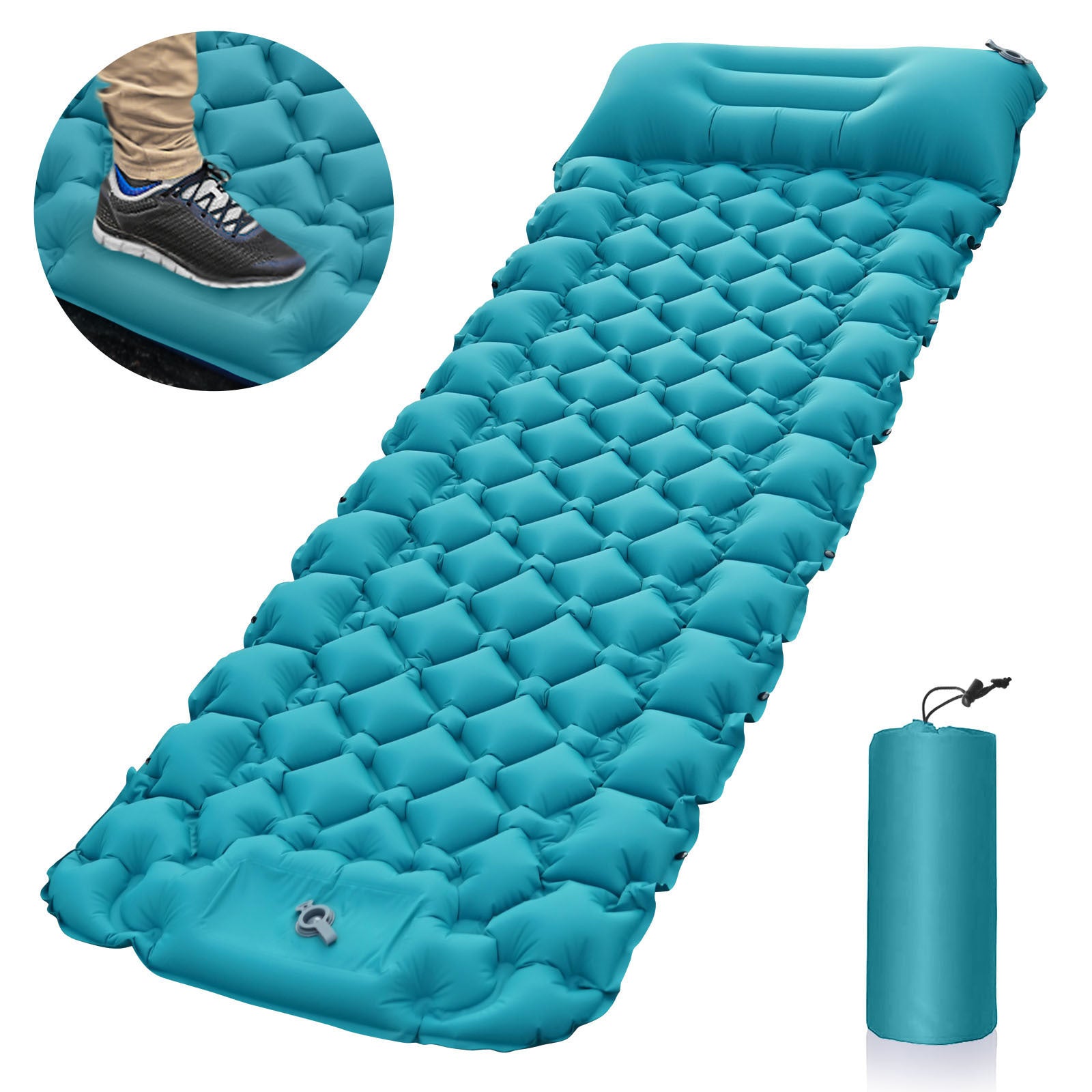Peacock blue Portable Outdoor Inflatable Mat - Foot-Operated Camping Sleeping Pad