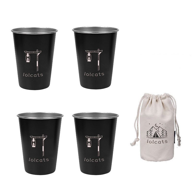 Black 304 Stainless Steel Camping Cup - 350ml Outdoor Drinkware（Set of 4 with Bag）