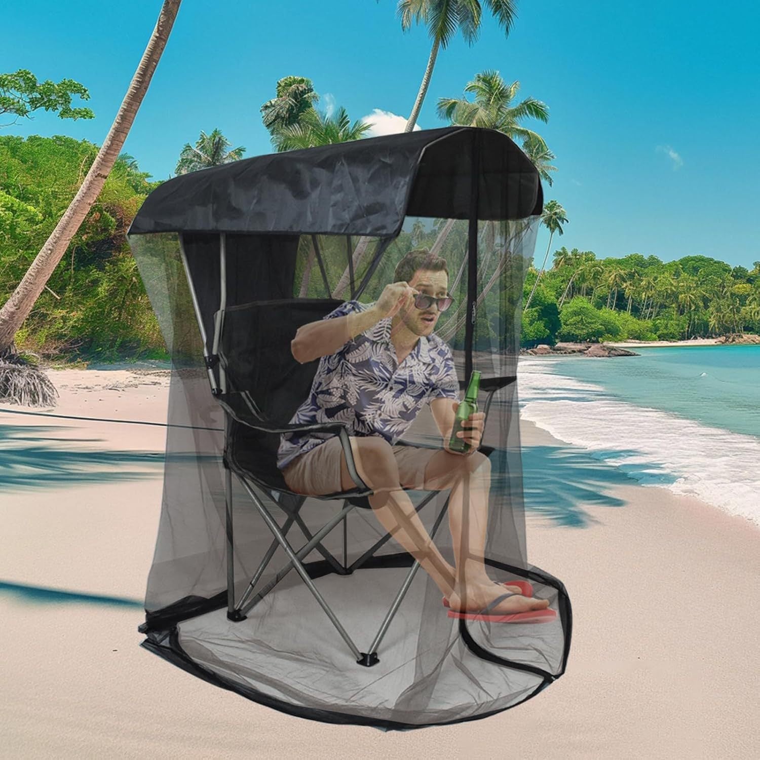 Portable Outdoor Chair Cover with Mosquito Net & Sun Canopy - UV & Water-Resistant Shelter for Camping & Fishing(black 185*125*205CM)