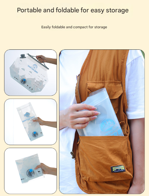 1 Piece Grey 8L Foldable Water Bag - Large Capacity Portable Water Carrier with Spigot