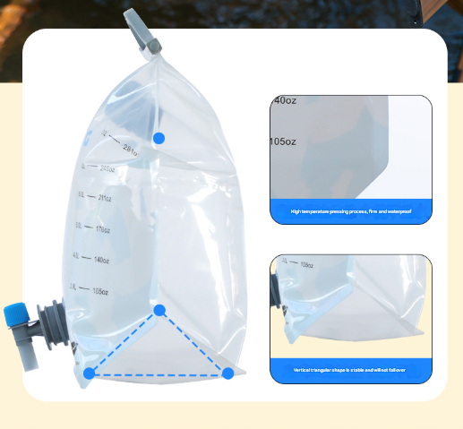 2 Pcs Grey 8L Foldable Water Bag - Large Capacity Portable Water Carrier with Spigot