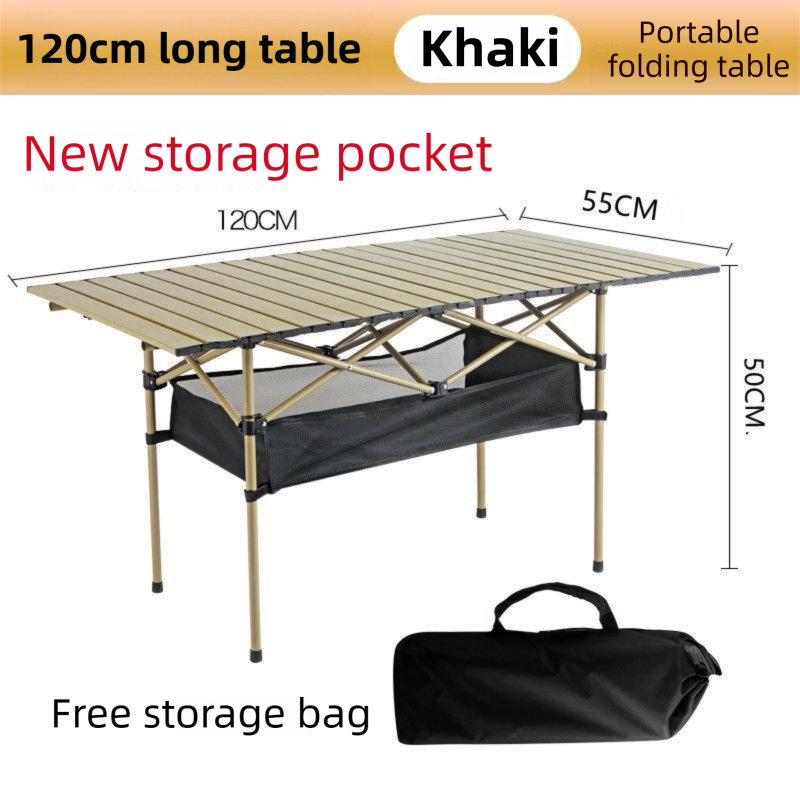 120CM Khaki Portable Folding Egg Roll Camping Table + 4-Pack 36CM Chairs with Storage Bag & Mesh Net