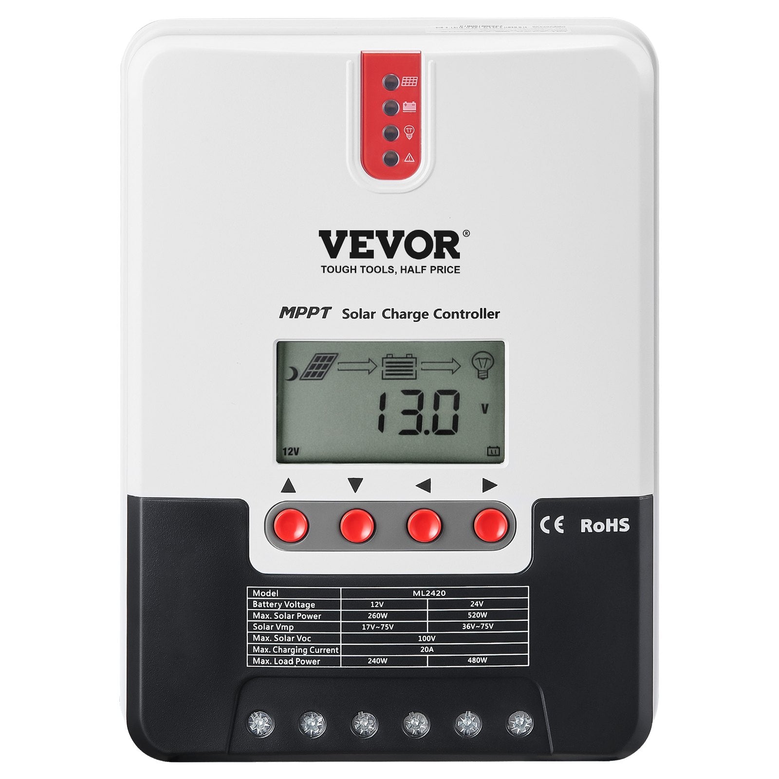 VEVOR 20A MPPT Solar Charge Controller, Auto DC Input, Solar Panel Regulator Charger with LCD Display Temperature Sensor Cable, for Sealed(AGM), Gel, Flooded and Lithium Battery Charging