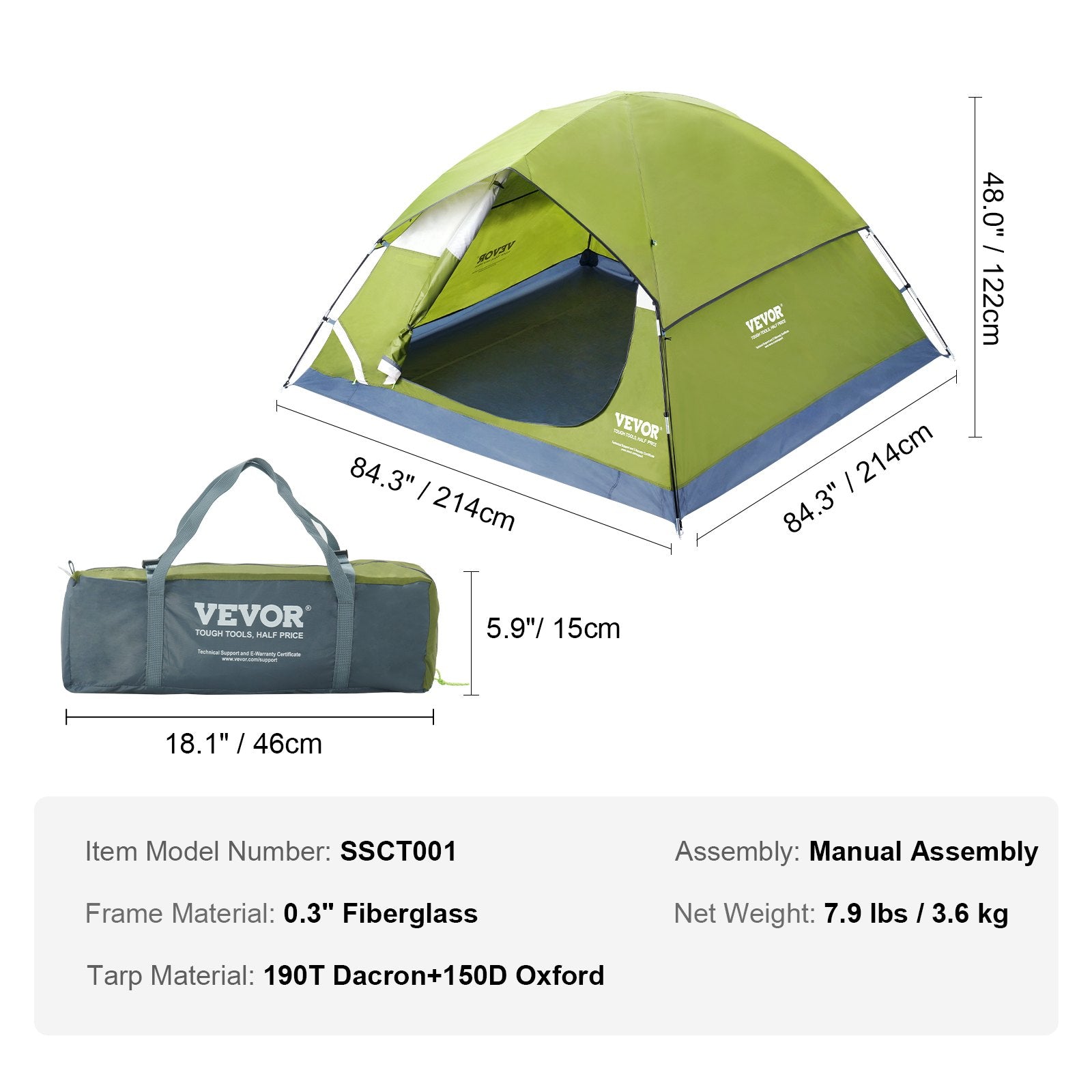 VEVOR Camping Tent, 7 x 7 x 4 ft Fit for 6 Person, Waterproof Lightweight, Easy Setup