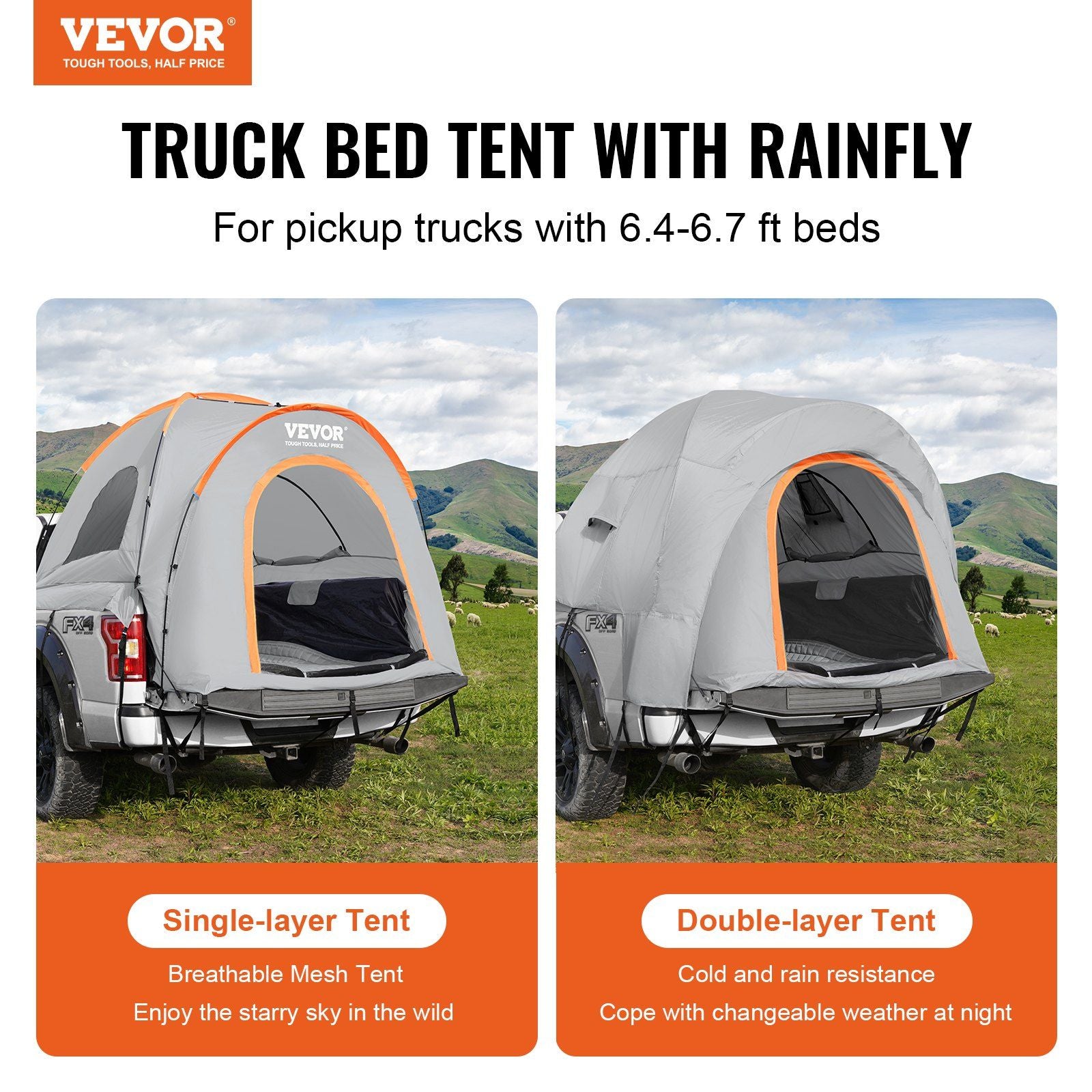 Ute Bed Tent, 6.4'-6.7' with Rain Layer and Carry Bag