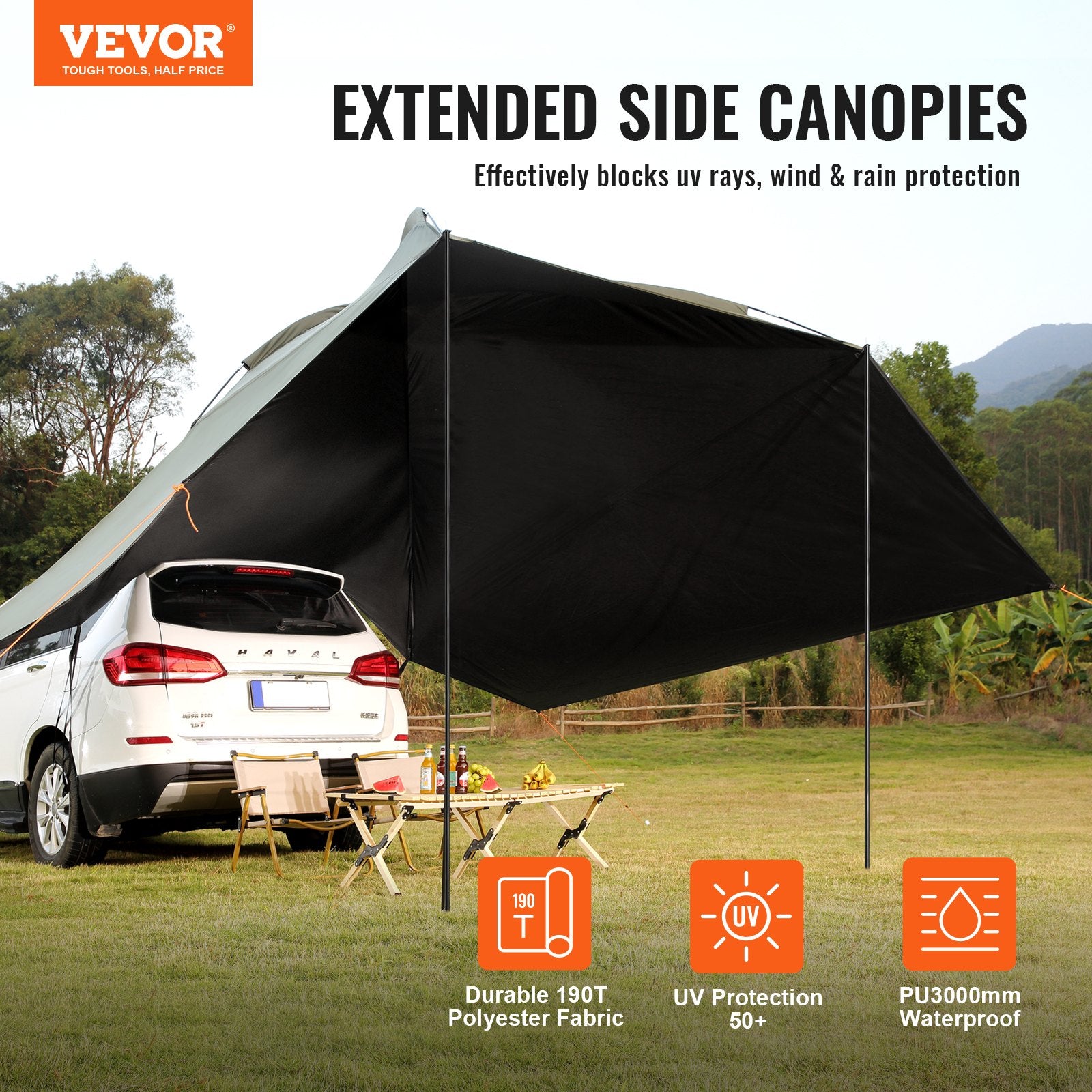 VEVOR Vehicle Awning, Large 10' x 7' Shade Coverage Car Side Awning, PU2000mm UV50+ Car Awning with Extended Side Canopies and Portable Storage Bag, Suitable for Truck, SUV, Van, Campers