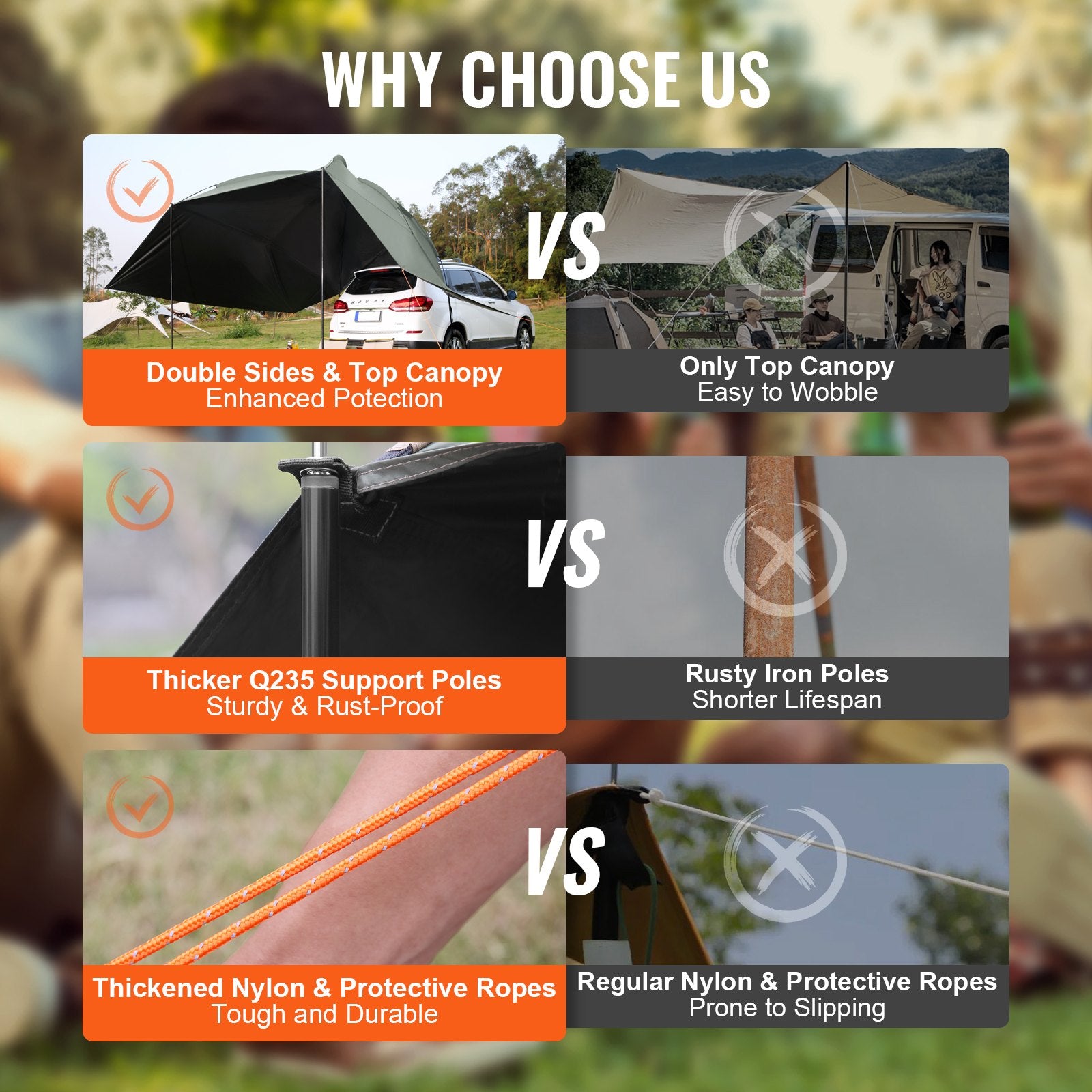 VEVOR Vehicle Awning, Large 10' x 7' Shade Coverage Car Side Awning, PU2000mm UV50 + Car Awning