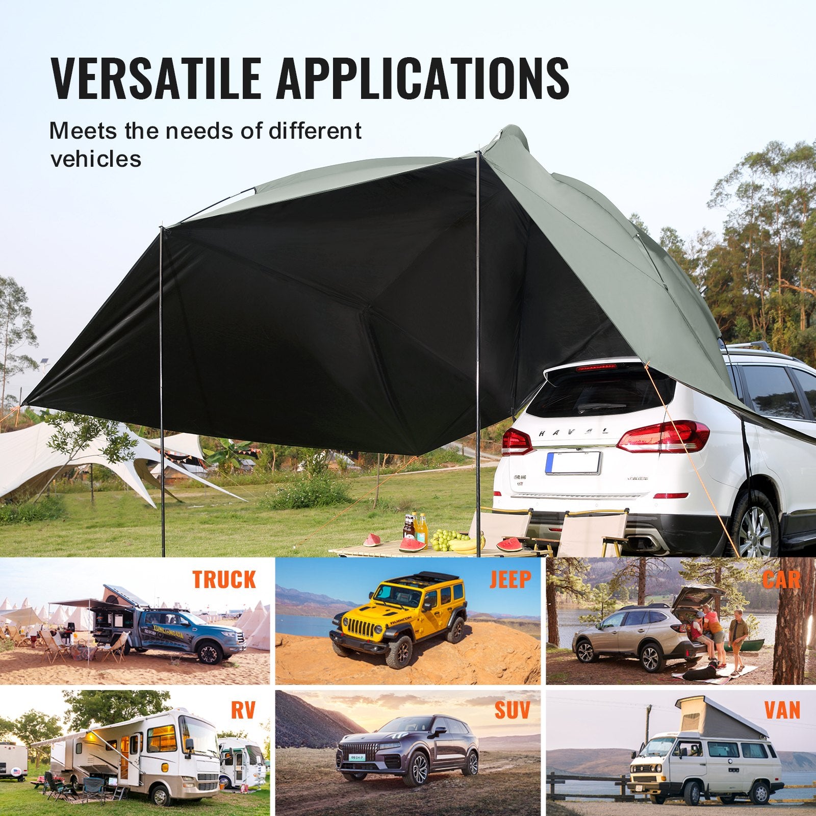 VEVOR Vehicle Awning, Large 10' x 7' Shade Coverage Car Side Awning, PU2000mm UV50 + Car Awning