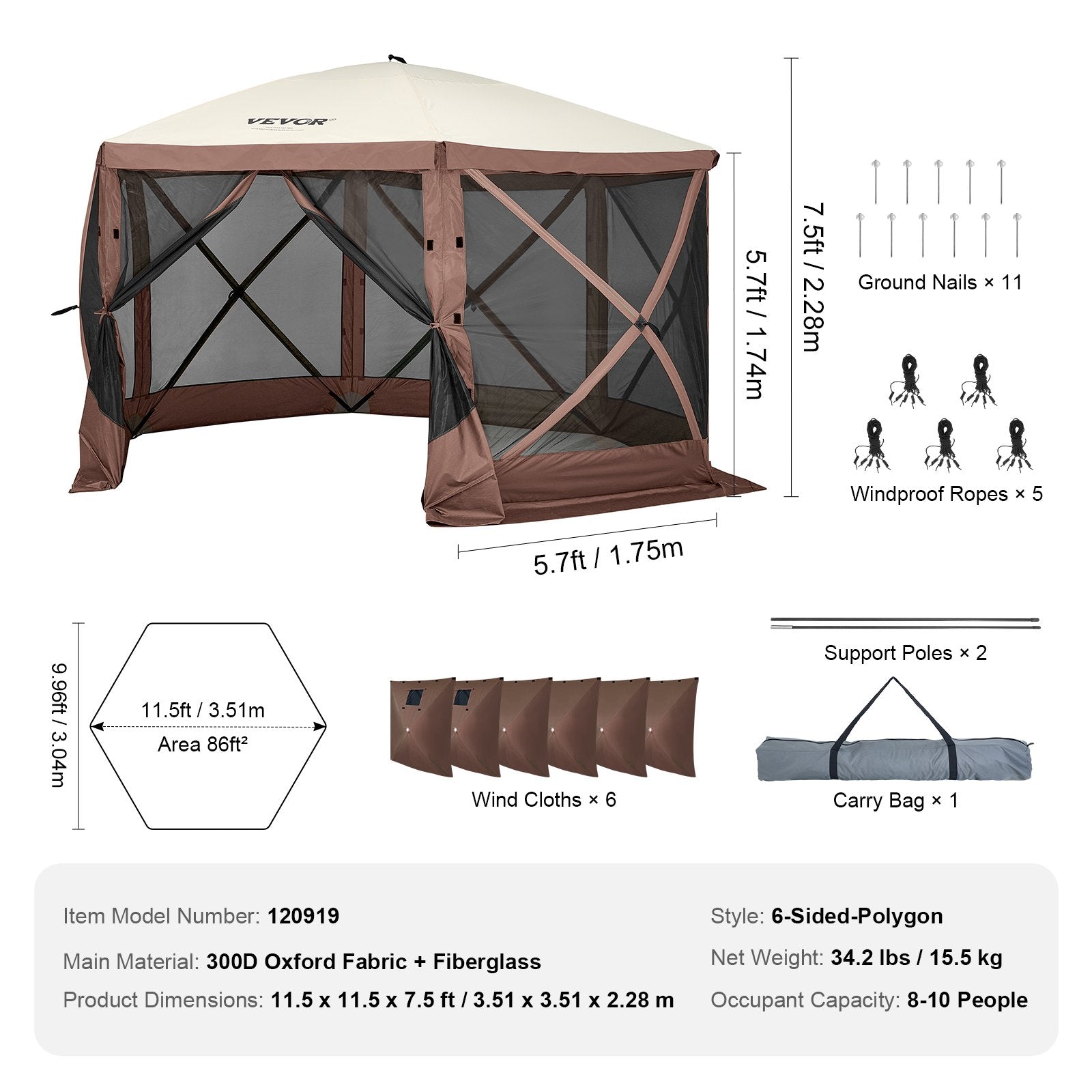 Pop-Up Screen Tent 6 Sided Canopy Sun Shelter - Brown
