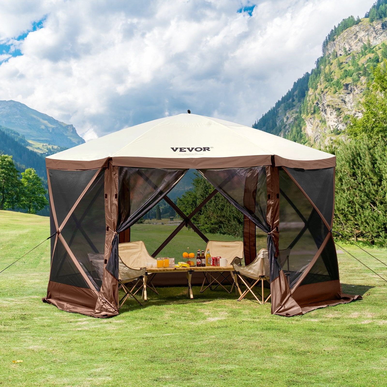 Pop-Up Screen Tent 6 Sided Canopy Sun Shelter - Brown
