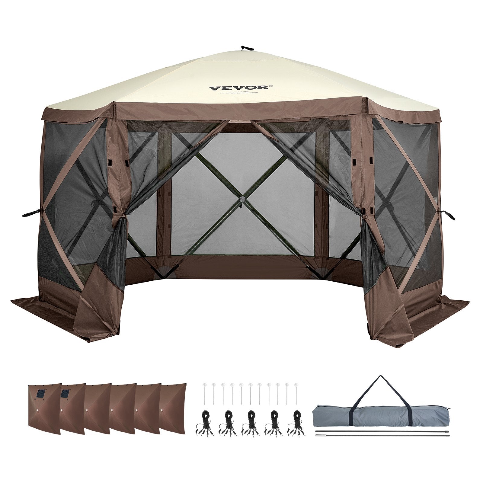 Pop-Up Screen Tent 6 Sided Canopy Sun Shelter - Brown