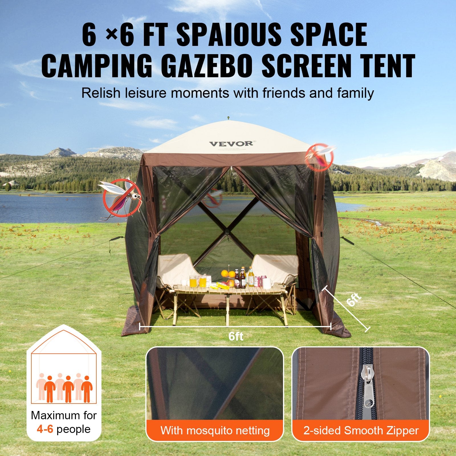 Pop-Up Screen Tent 4 Sided Canopy Sun Shelter - Brown