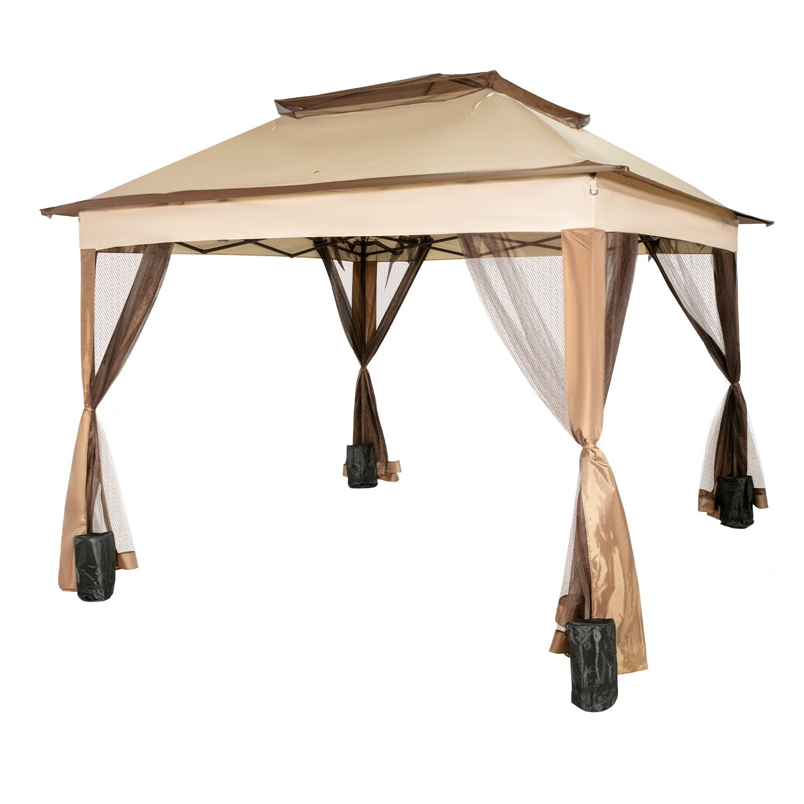VEVOR Outdoor Canopy Gazebo Tent, Portable Canopy Shelter with 11\'x11\' Large Shade Space for Party, Backyard, Patio Lawn and Garden, 4 Sandbags, Carrying Bag and Netting Included, Brown